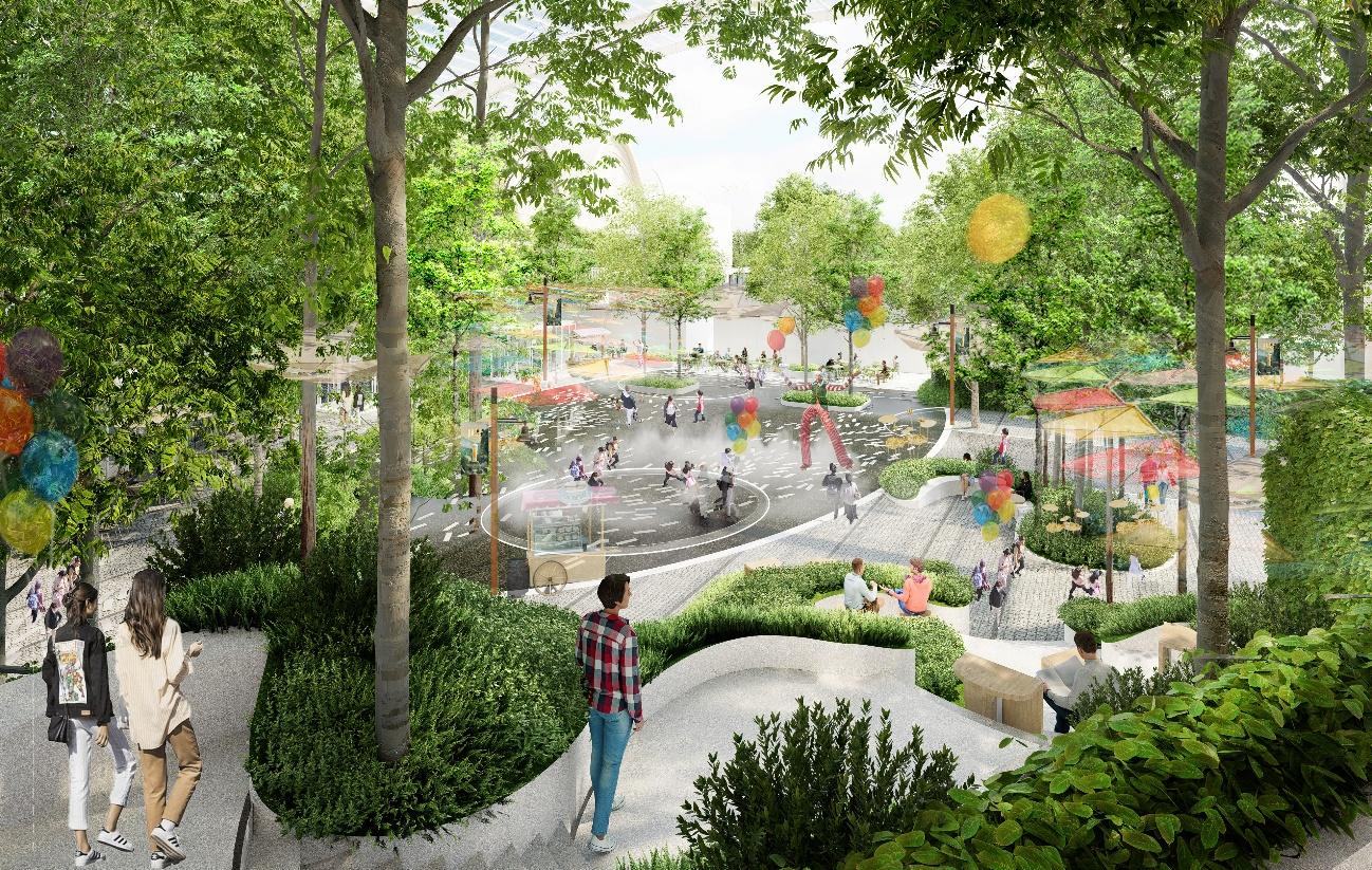 Rendering of the family zone play landscape with sculpted play forms and mature trees